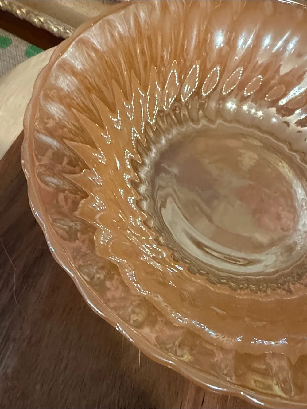 Anchor Hocking Fire King  Iridescent Peach Carnival Glass Serving Bowl